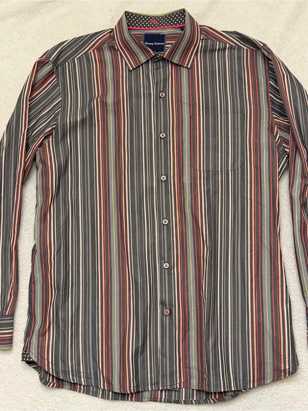 Tommy Bahama Men's Charcoal Shirt with Pink, Green & Cream Stripes